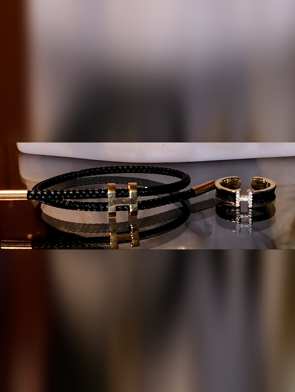 2pcs Gold 'H' Initial Black Rope Bracelet & CZ Black Enamel Ring Hand Crafted